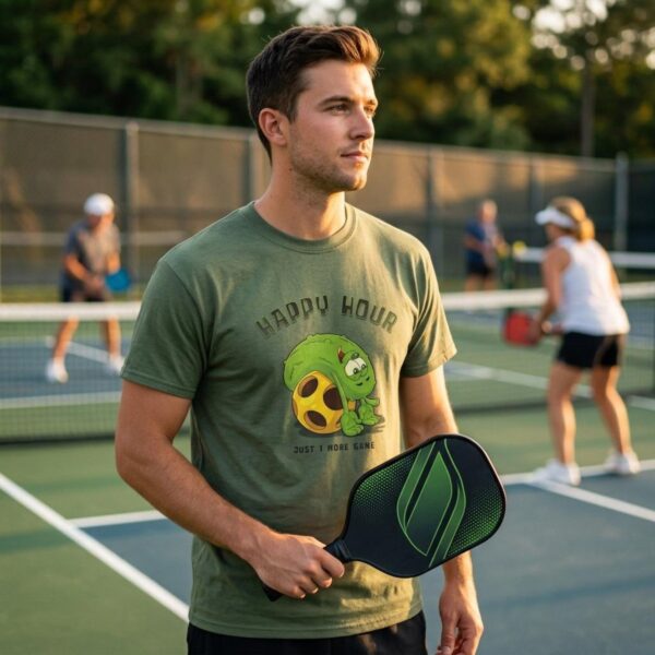 A man wearing a military green t-shirt featuring an adorable pickle character lying back on a pickleball with a big smile, paired with the playful text: "Happy Hour" "Just 1 More Game".