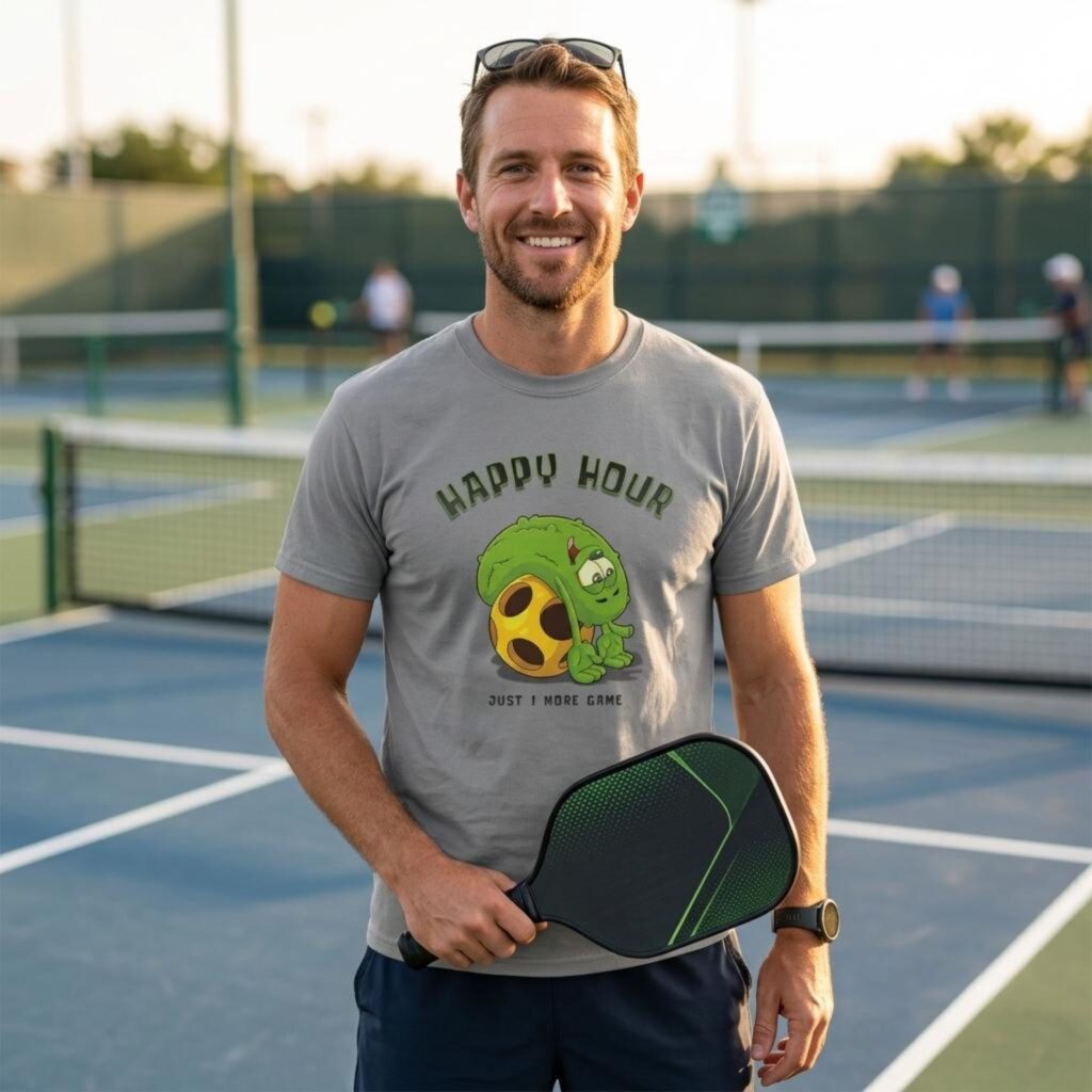 A man wearing a Rs sport grey t-shirt featuring an adorable pickle character lying back on a pickleball with a big smile, paired with the playful text: "Happy Hour" "Just 1 More Game".
