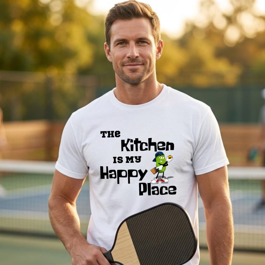 A man wearing a white t-shirt featuring a pickle playing pickleball and the phrase "The Kitchen is my Happy Place"