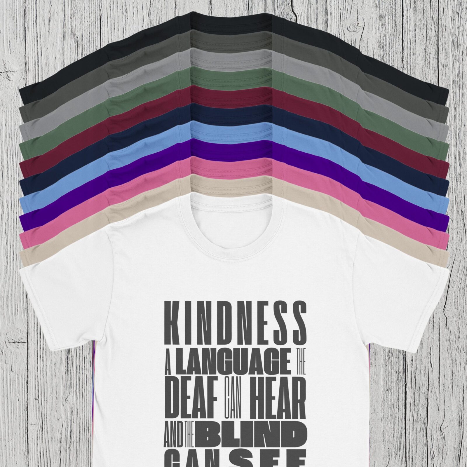 There are 11 colour options for the t-shirt: black, charcoal, Rs sport grey, military green, maroon, navy, Carolina blue, purple, azalea pink, sand, and white.