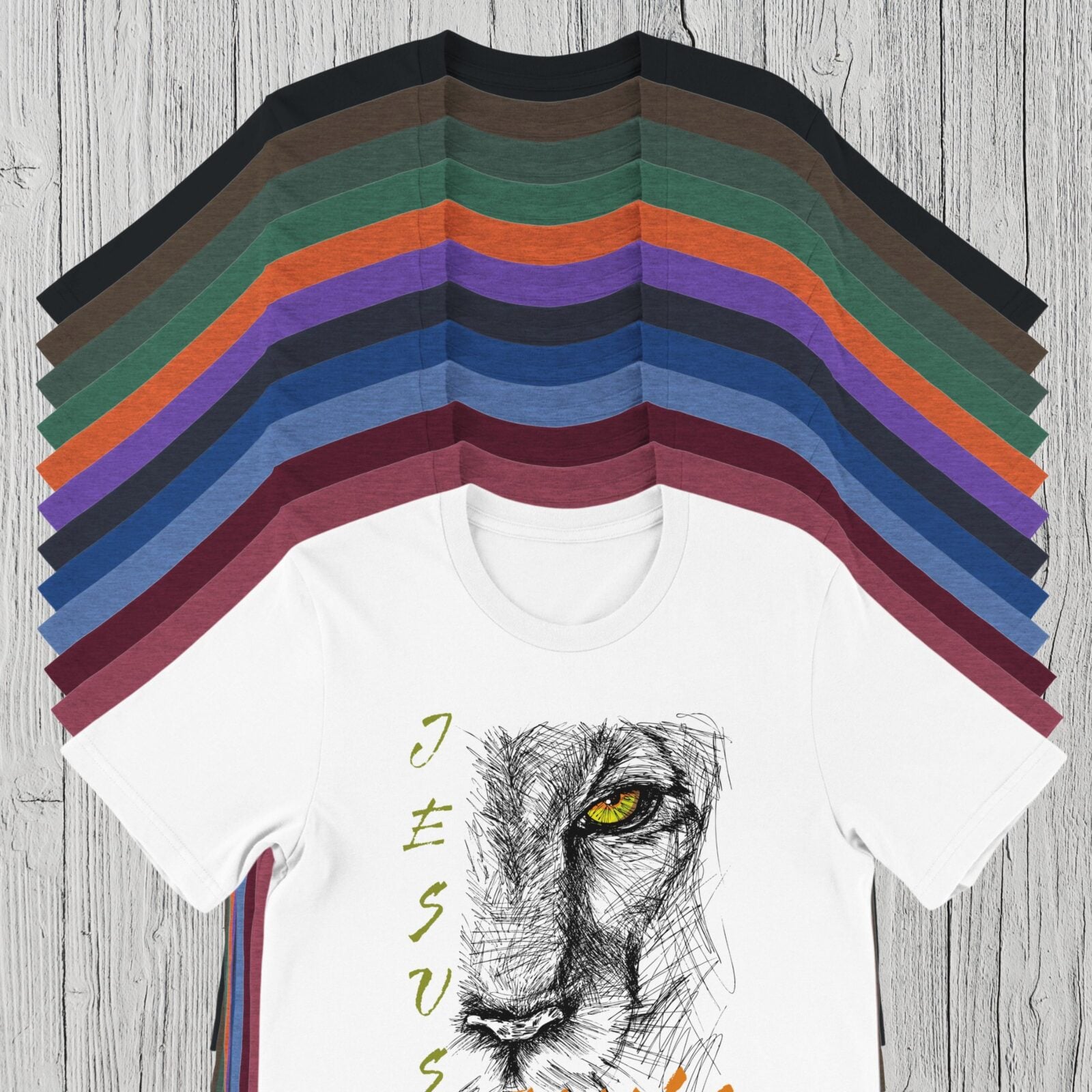 There are 12 colour options for this Christian t-shirt: black, heather brown, heather forest, heather grass green, heather orange, heather team purple, heather midnight navy, heather true royal, heather Columbia blue, heather Cardinal, heather raspberry, and white.