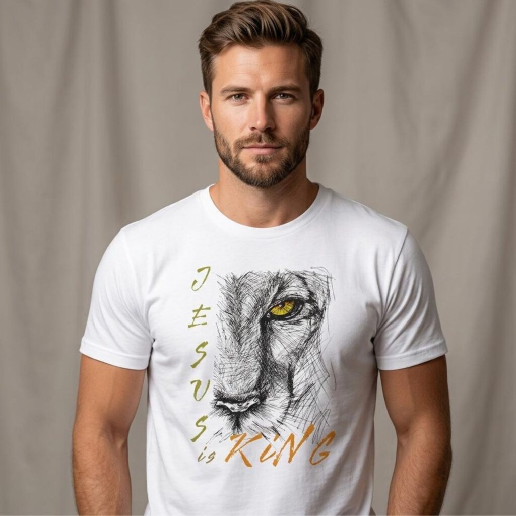 A man wearing a white Christian unisex t-shirt featuring a modern lion illustration, paired with the text: "Jesus Is King", inspired by Revelation 19:16.