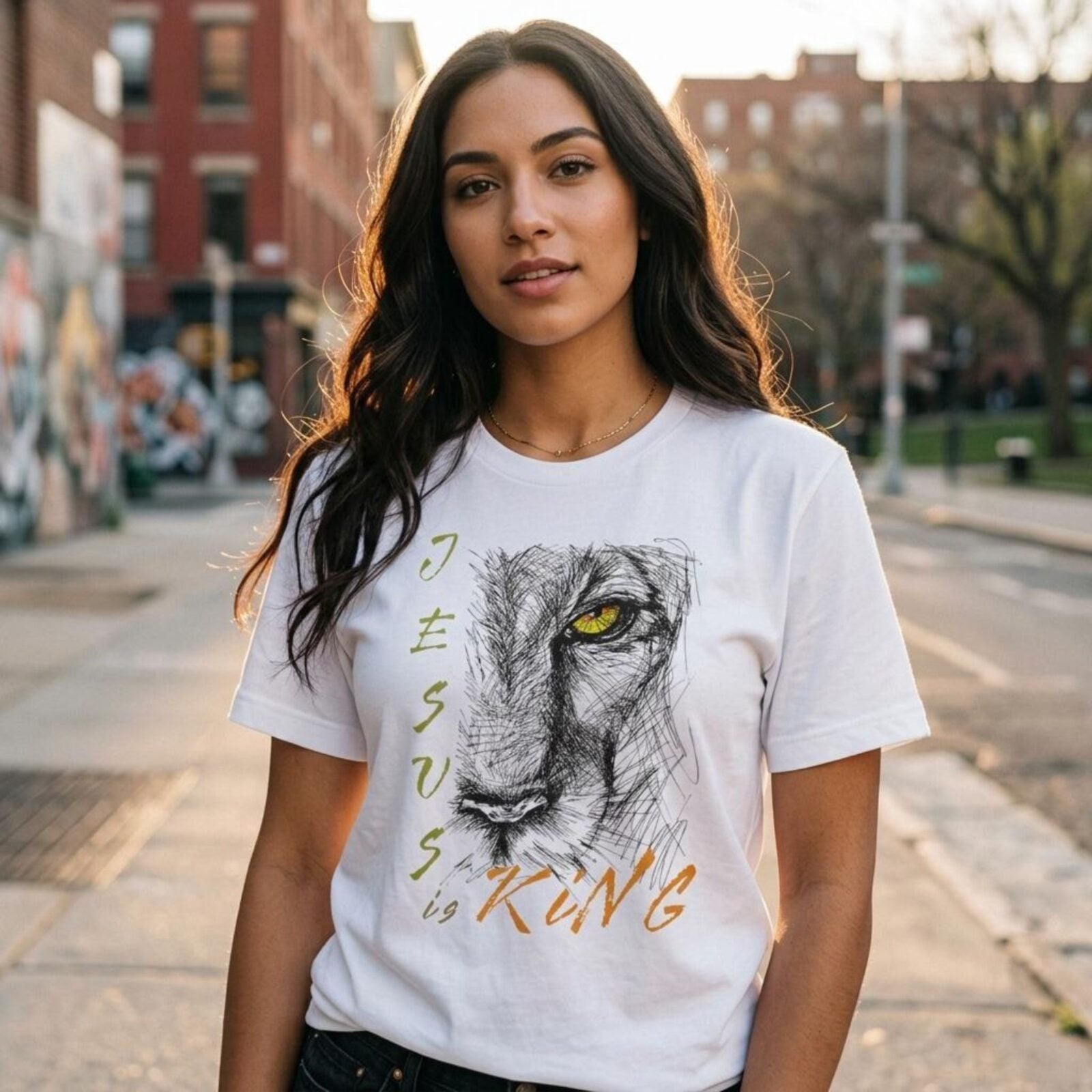 A woman wearing a white Christian unisex t-shirt featuring a modern lion illustration, paired with the text: "Jesus Is King", inspired by Revelation 19:16.