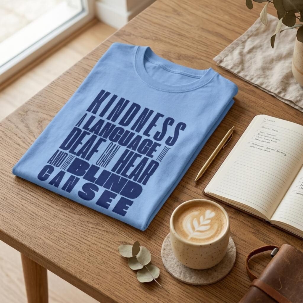 A Carolina blue coloured unisex inspirational Christian t-shirt, with inspirational text "Kindness, a language the deaf can hear and the blind can see", lying on a coffee table.