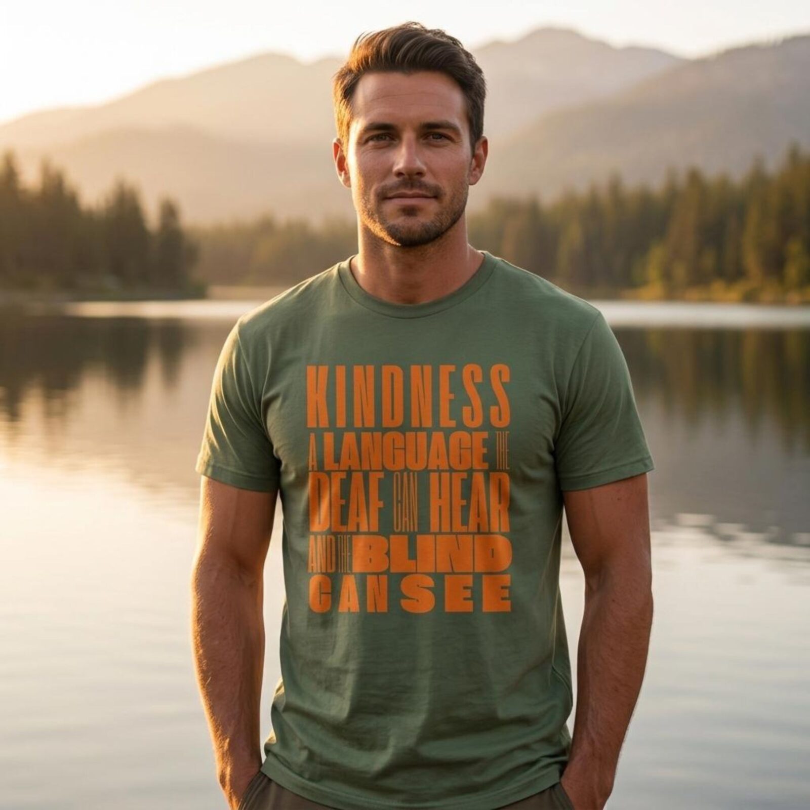 A man wearing a military green coloured unisex inspirational Christian t-shirt, with inspirational text "Kindness, a language the deaf can hear and the blind can see".