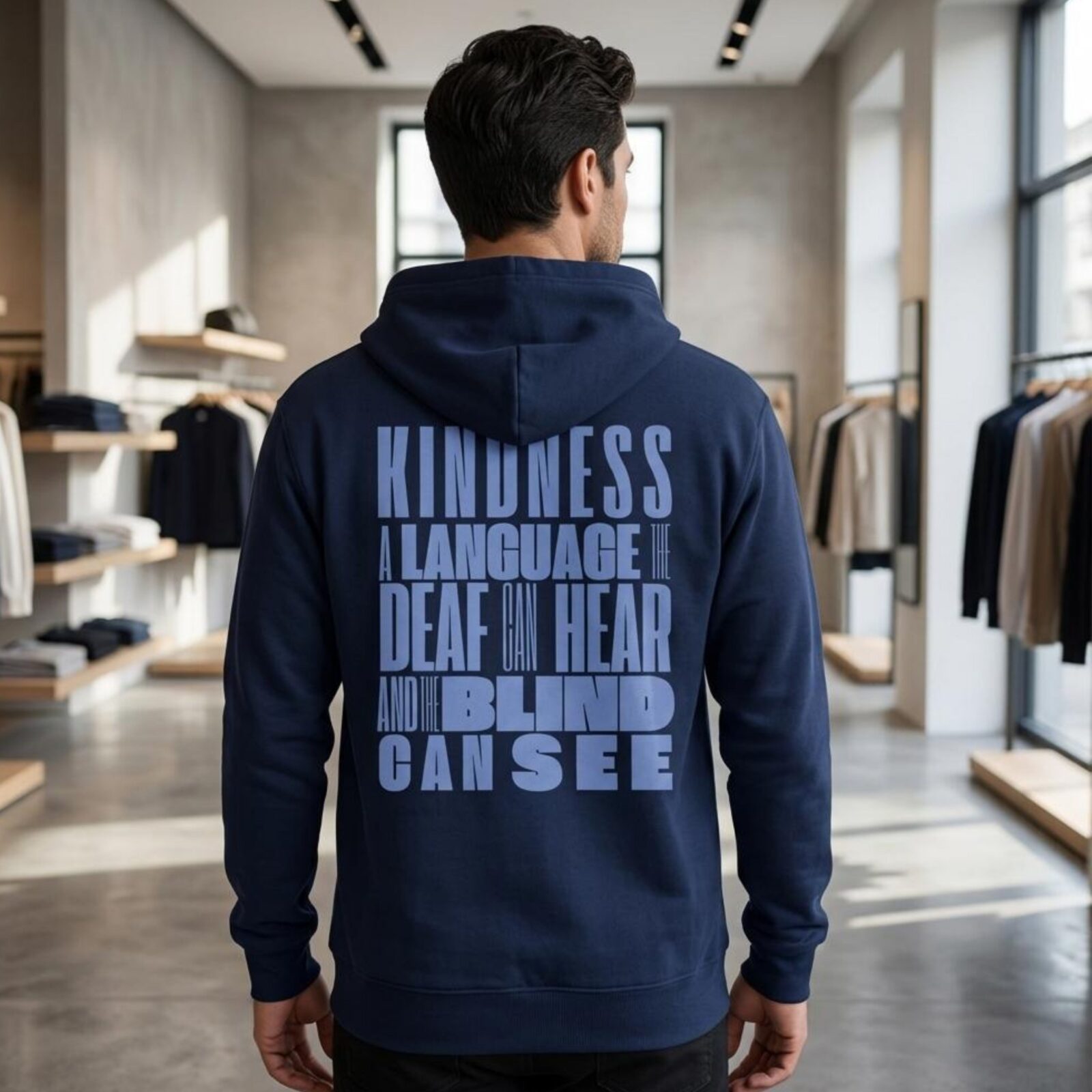 A man wearing a navy unisex full zip up hoodie with an inspirational message "Kindness, a language the deaf can hear and the blind can see". The design on this Christian hoodie is printed on the back of the hoodie only.