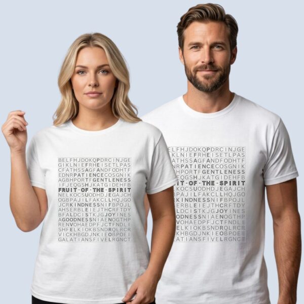 A woman and a man wearing a white Fruit of the Spirit Christian T-shirt with Bible word search puzzle featuring love, joy, peace, patience, kindness, goodness, faithfulness, gentleness and self-control.